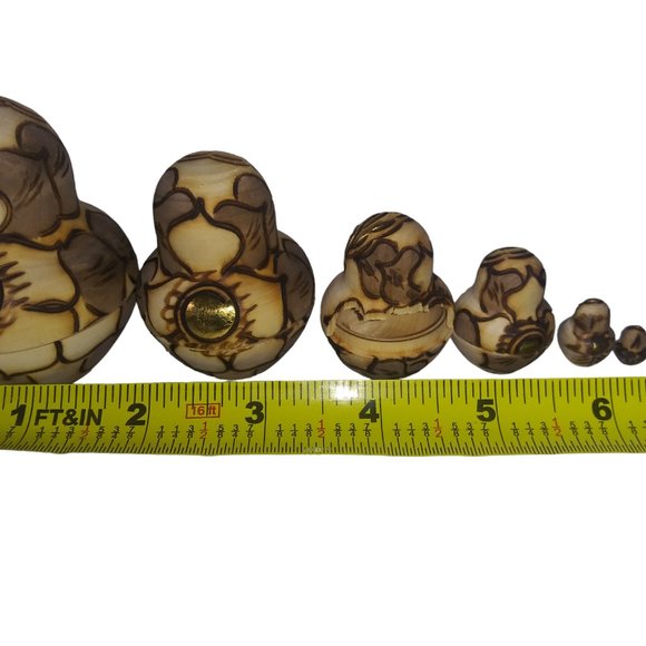 VTG MATRYOSHKA Gold Hand Painted Wood Burned Russian Nesting Dolls Set of 9 - Picture 8 of 12